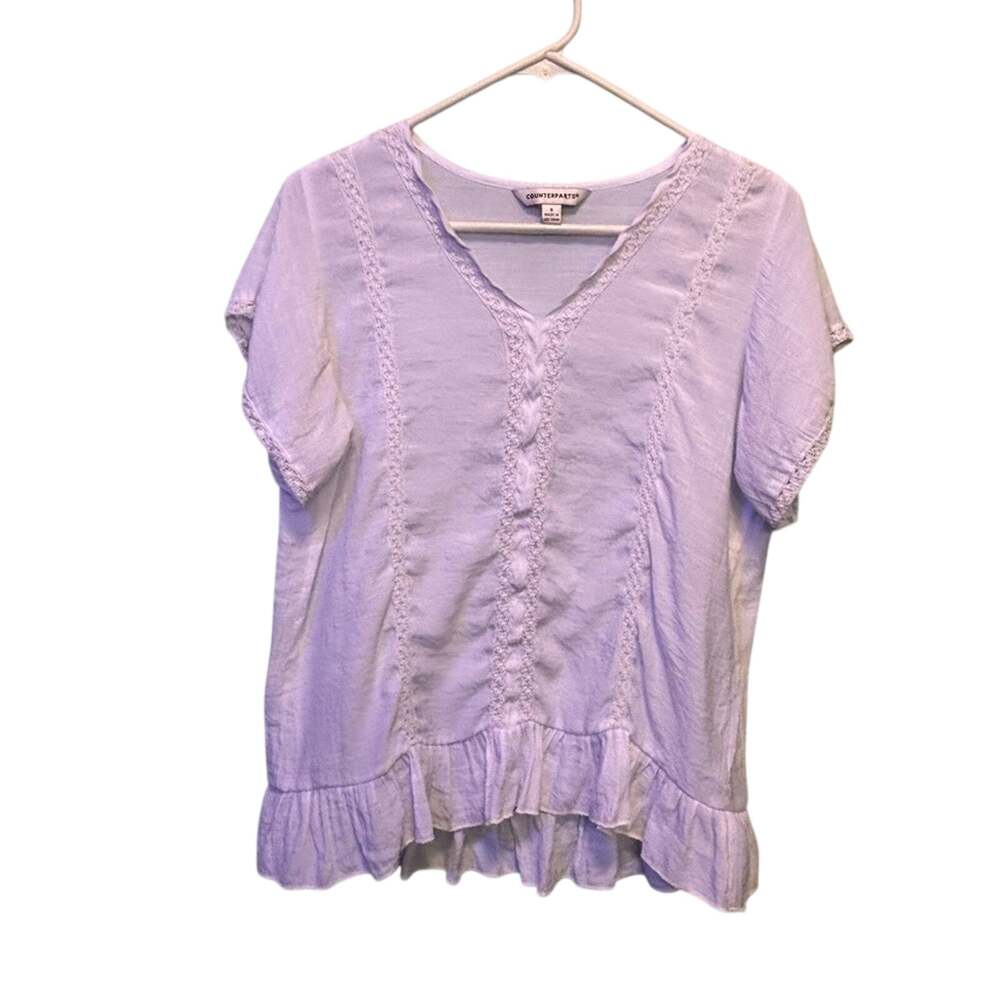 Counterparts Women’s White Lace Detail Ruffle Hem Sheer Blouse Boho Size S